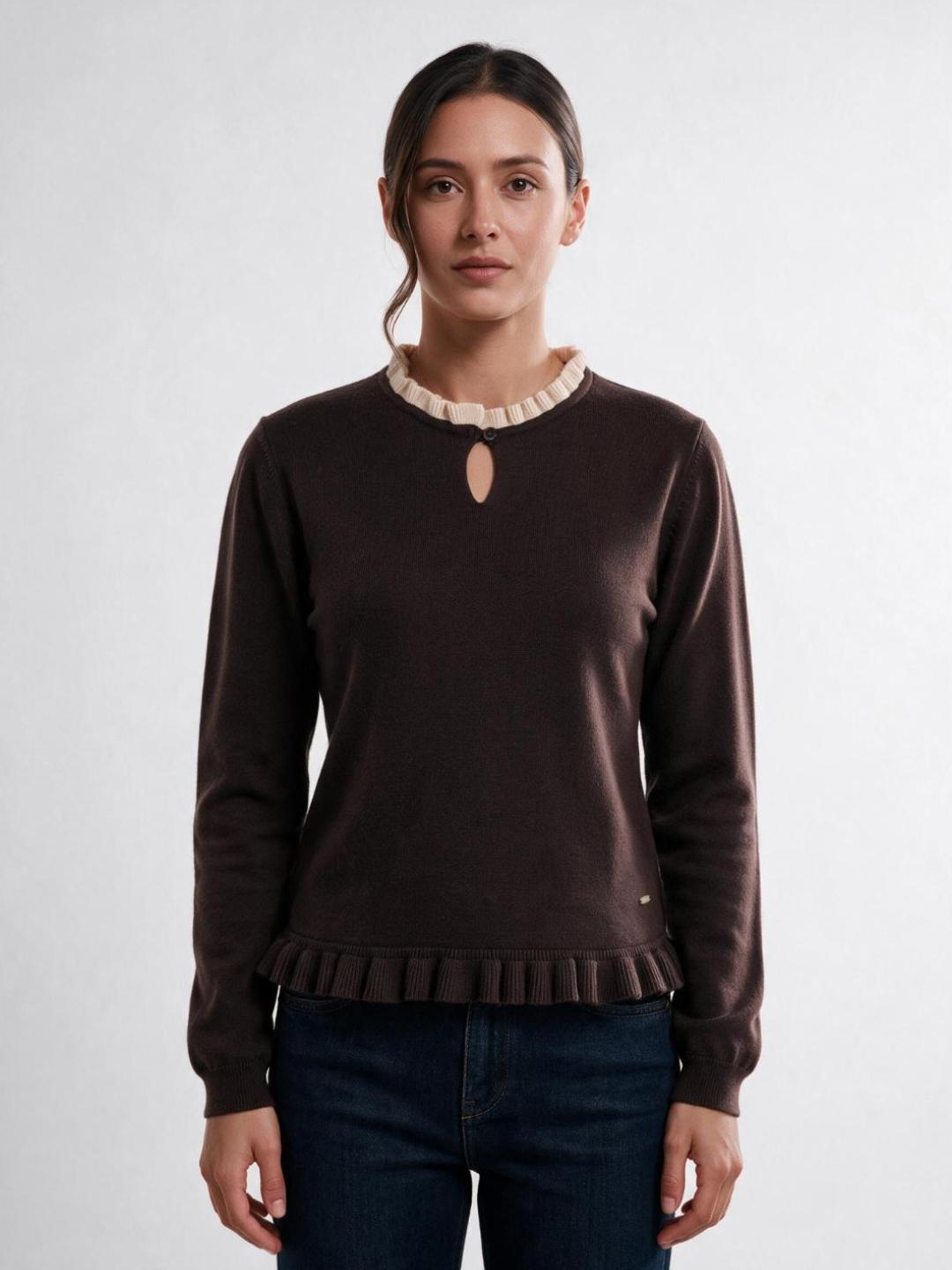 Elle Women Brown Solid Regular Fit Sweater