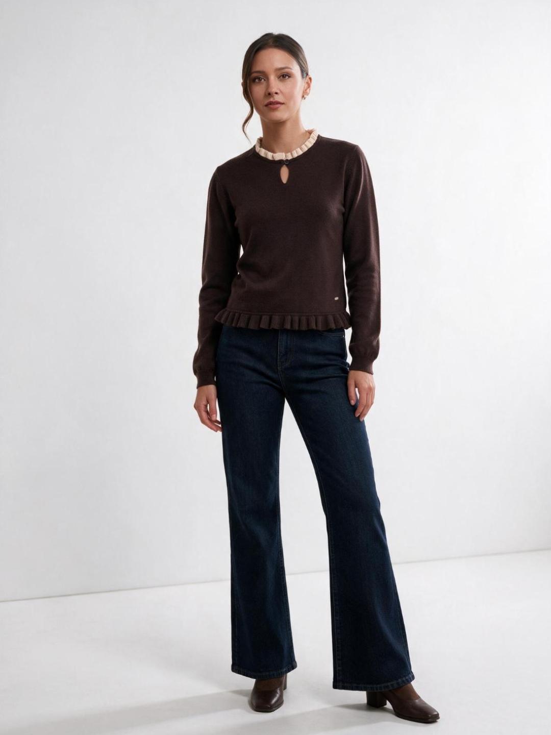 Elle Women Brown Solid Regular Fit Sweater