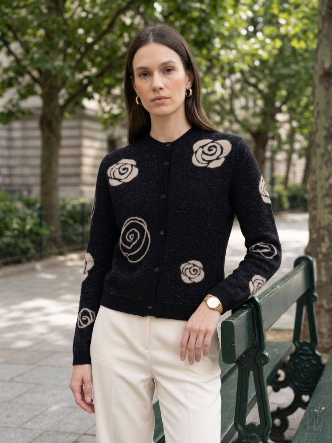 Elle Women Black Floral Relaxed Fit Sweater