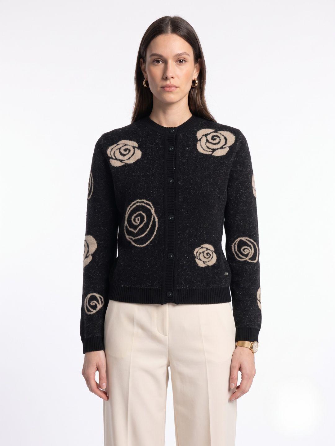 Elle Women Black Floral Relaxed Fit Sweater