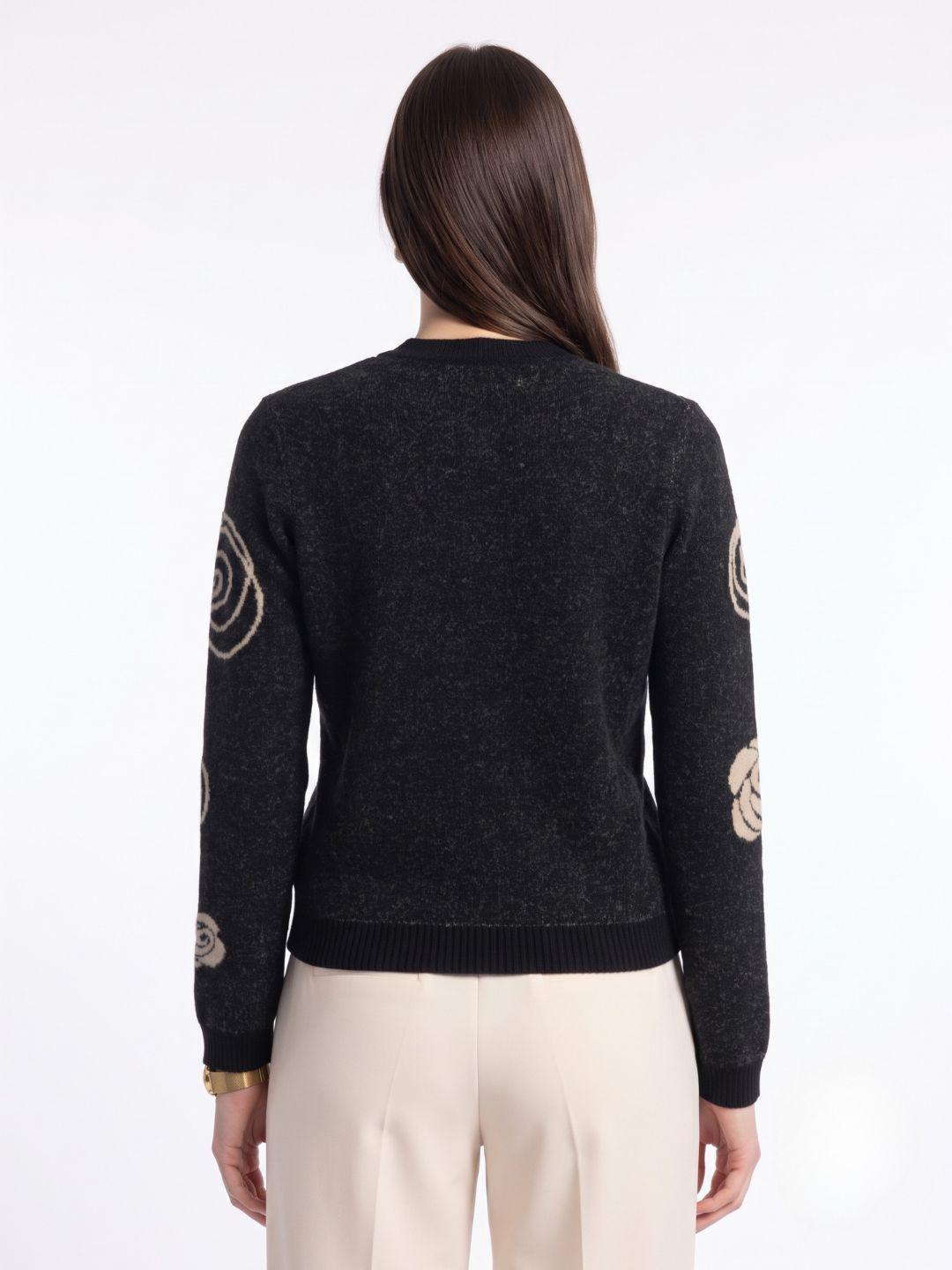 Elle Women Black Floral Relaxed Fit Sweater