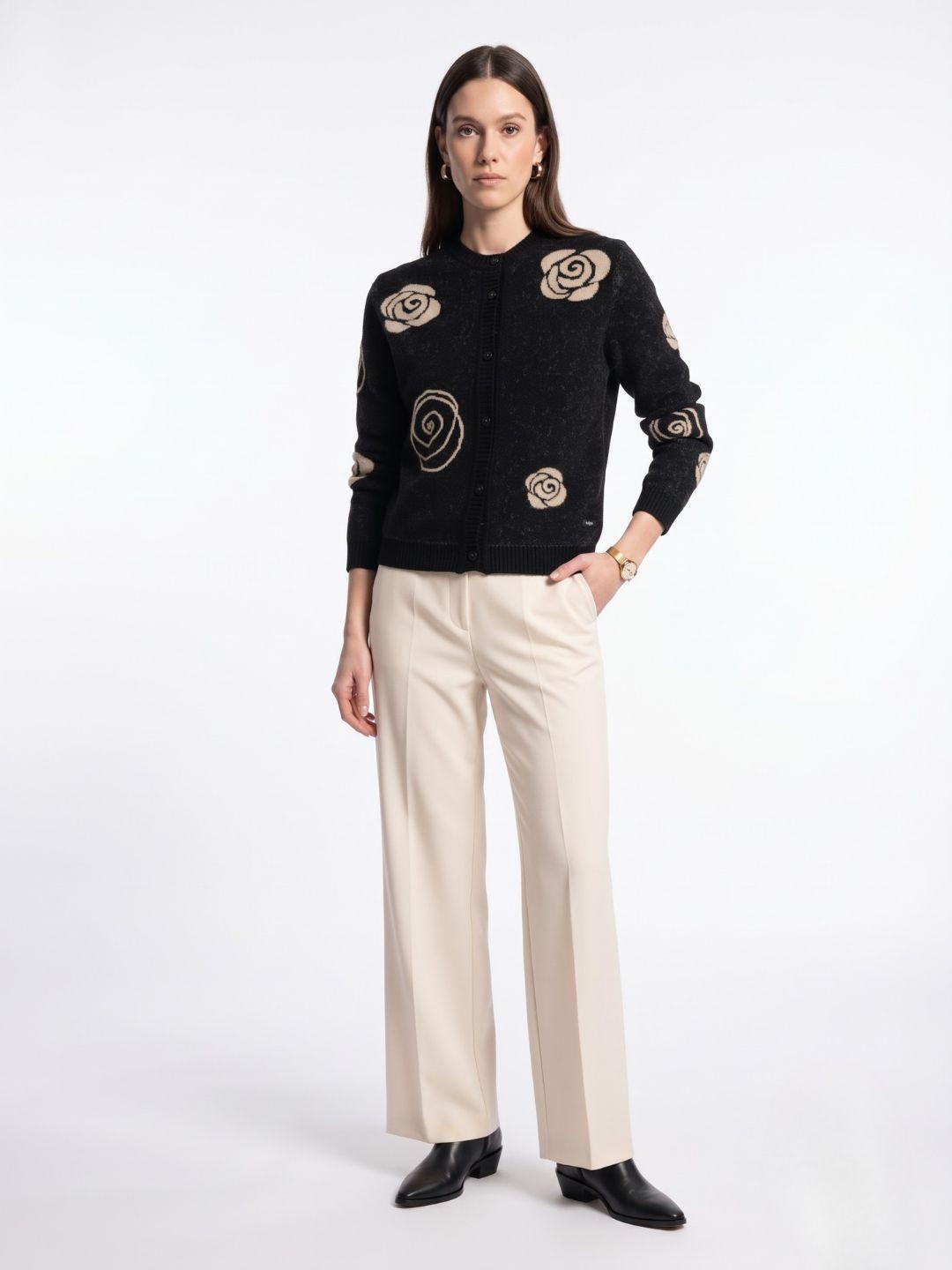 Elle Women Black Floral Relaxed Fit Sweater