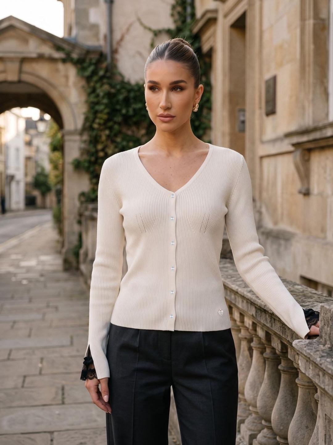 Elle Women White Textured Regular Fit Sweater
