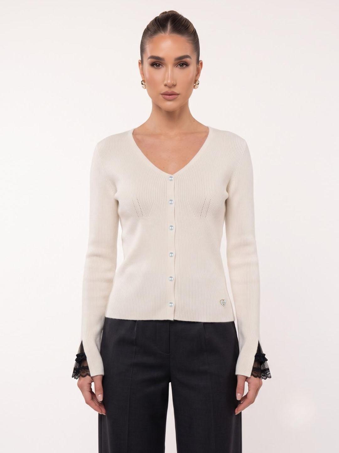 Elle Women White Textured Regular Fit Sweater