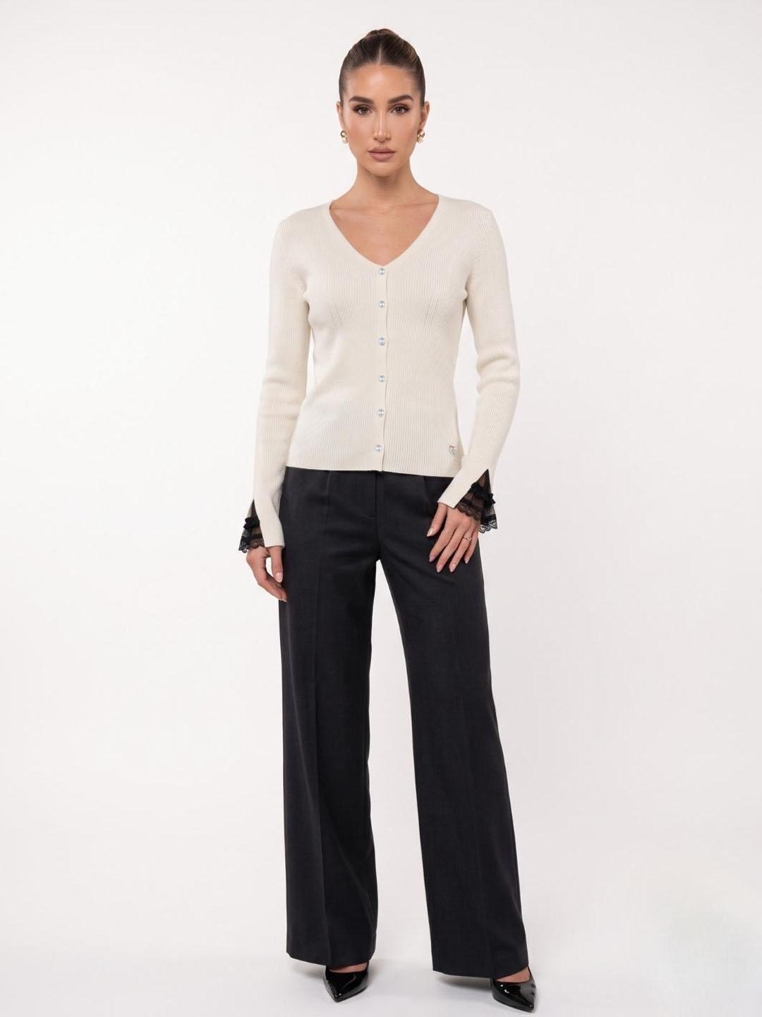 Elle Women White Textured Regular Fit Sweater