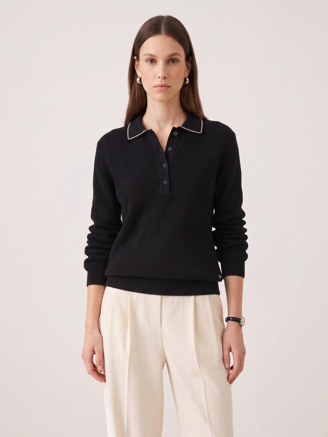 Elle Women Black Striped Relaxed Fit Sweater