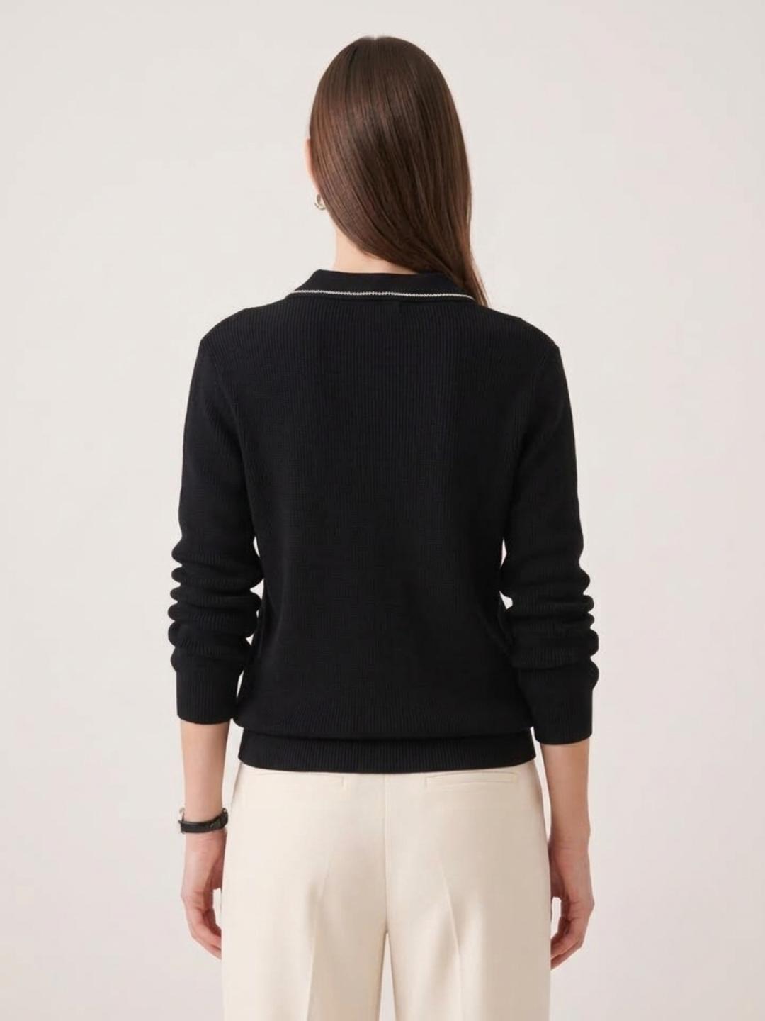 Elle Women Black Striped Relaxed Fit Sweater