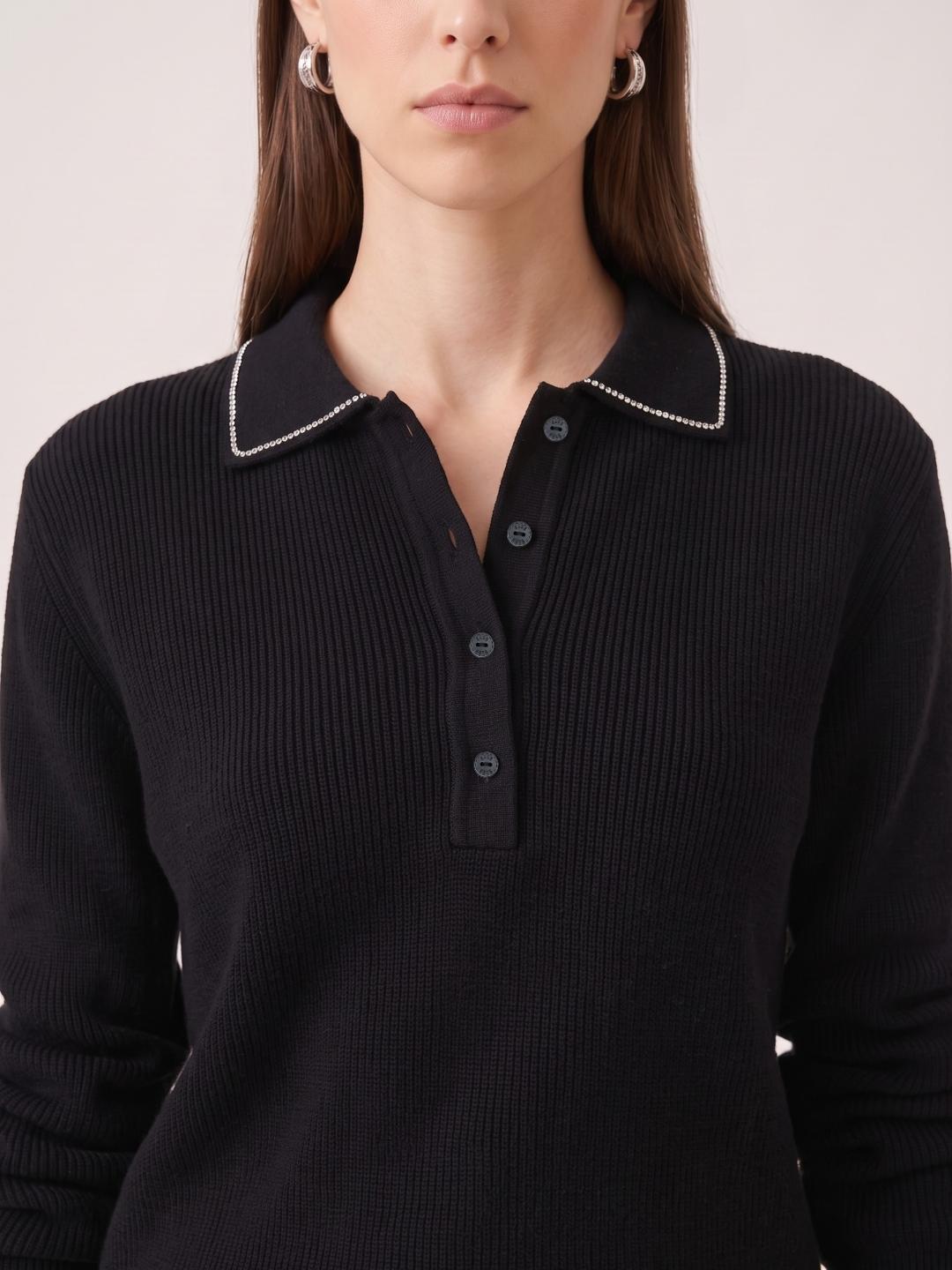 Elle Women Black Striped Relaxed Fit Sweater