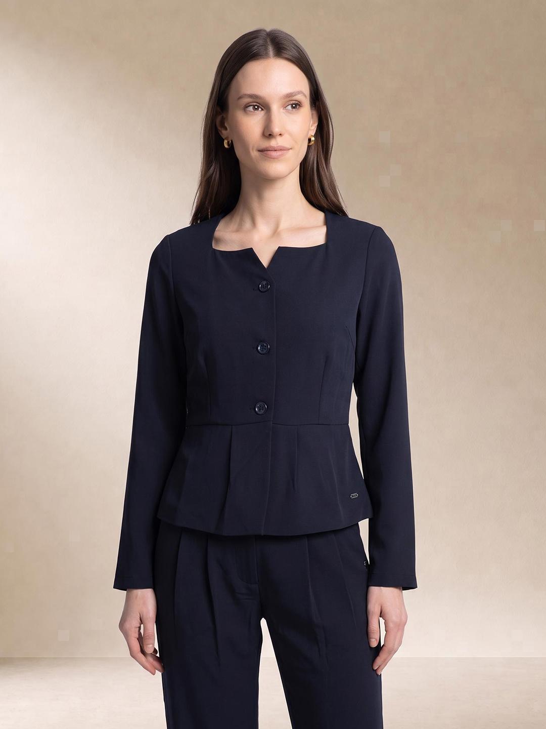 Elle Women Blue Regular Fit Solid Peplum Top