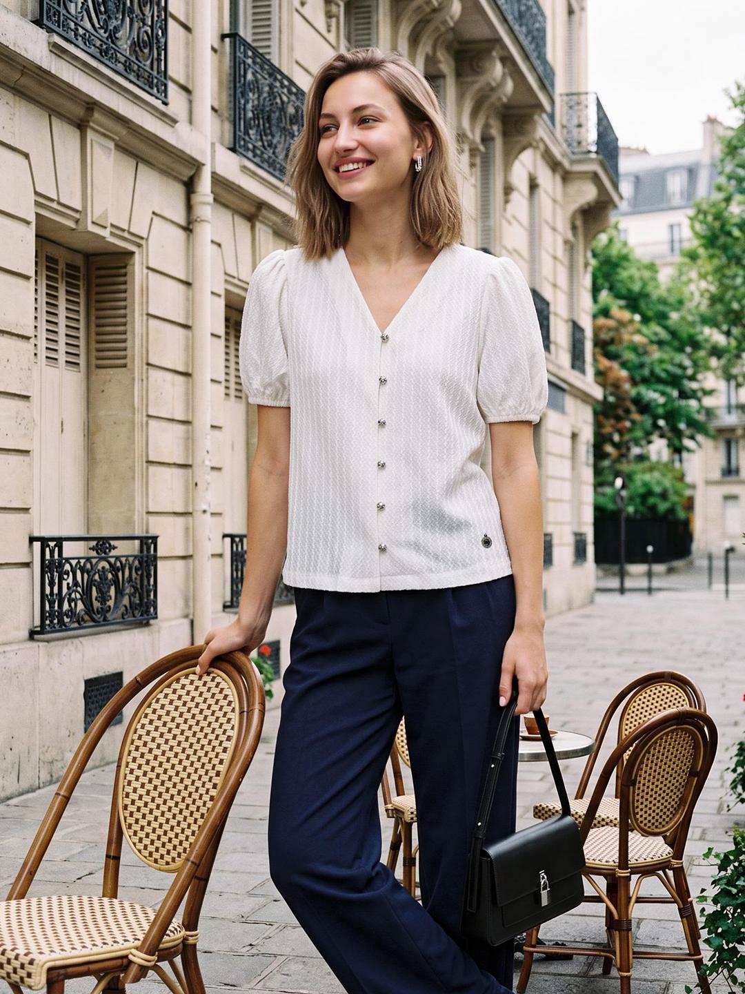 Elle Women White Striped Regular Fit Top