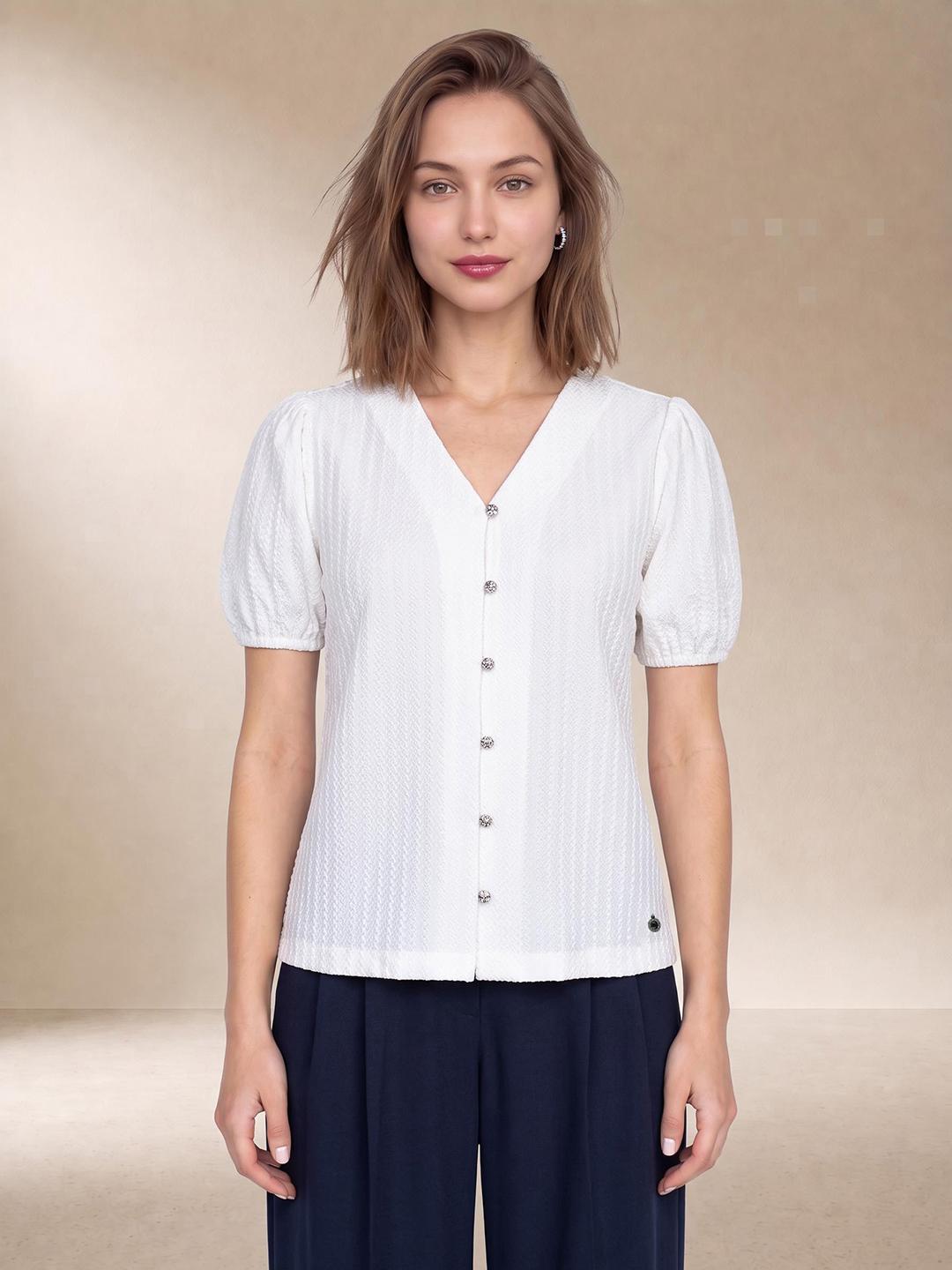 Elle Women White Striped Regular Fit Top