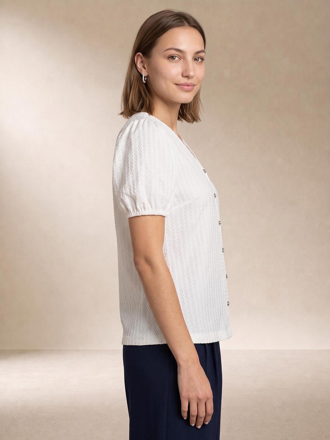 Elle Women White Striped Regular Fit Top
