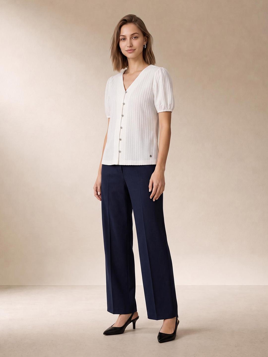 Elle Women White Striped Regular Fit Top