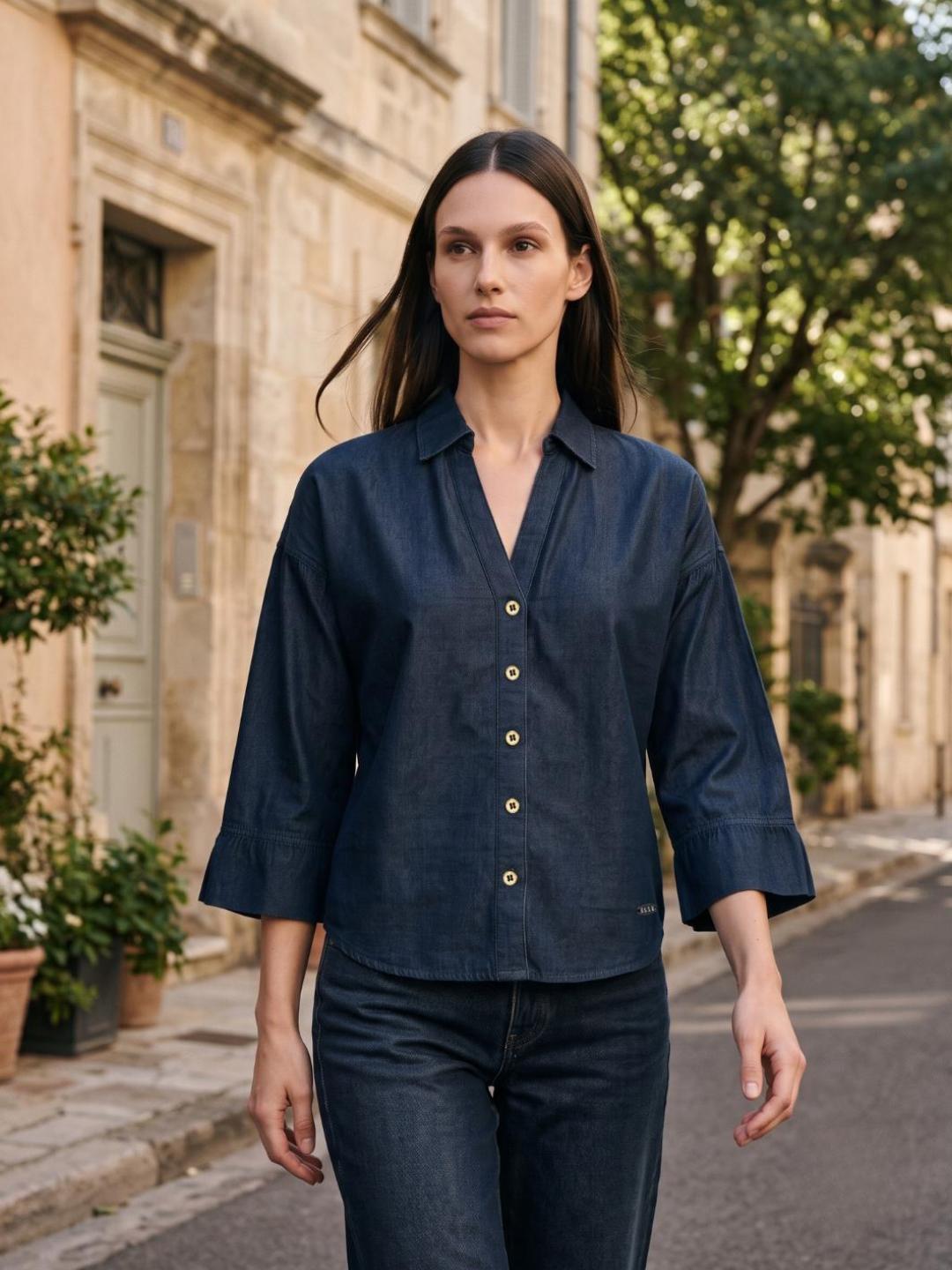 Elle Women Blue Solid Relaxed Fit Denim Top