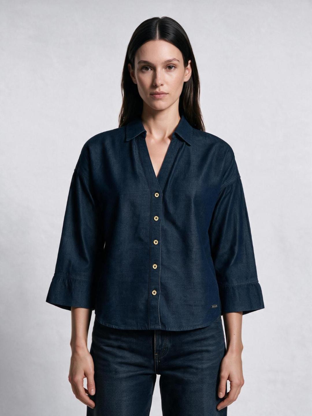 Elle Women Blue Solid Relaxed Fit Denim Top