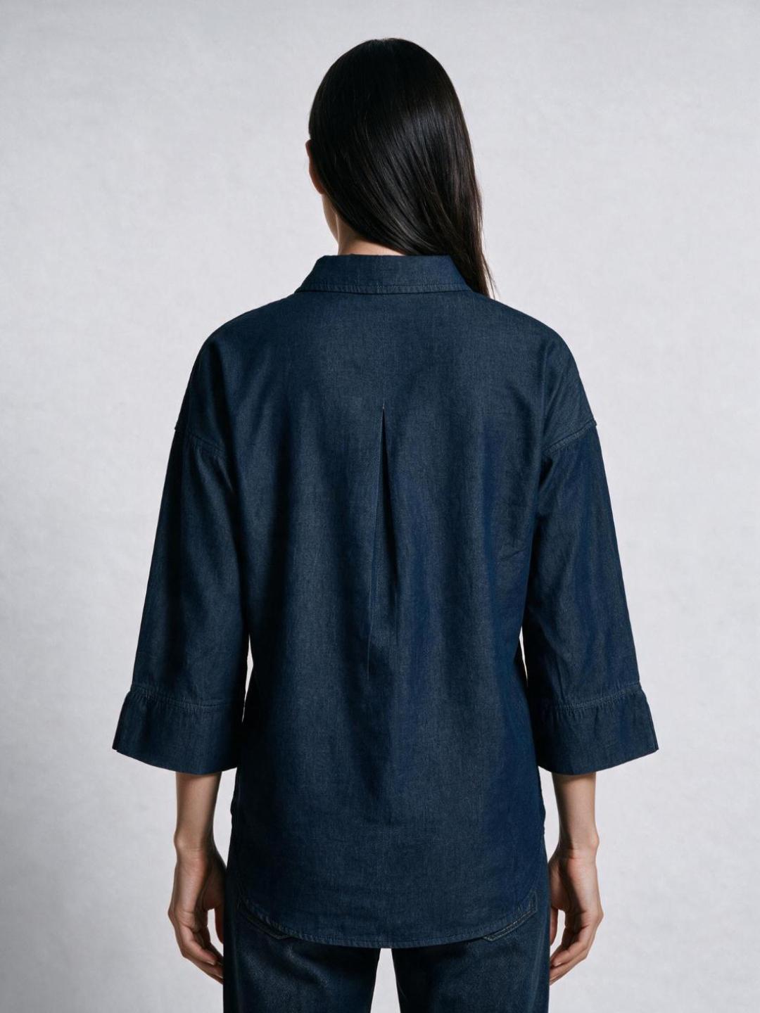 Elle Women Blue Solid Relaxed Fit Denim Top