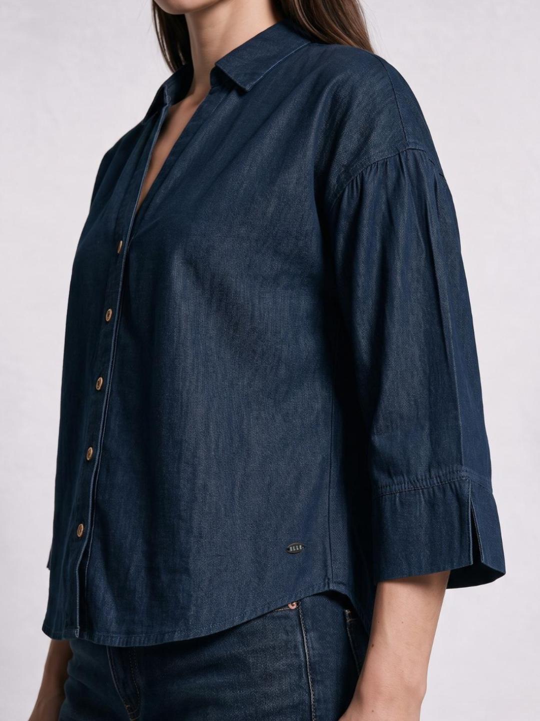 Elle Women Blue Solid Relaxed Fit Denim Top