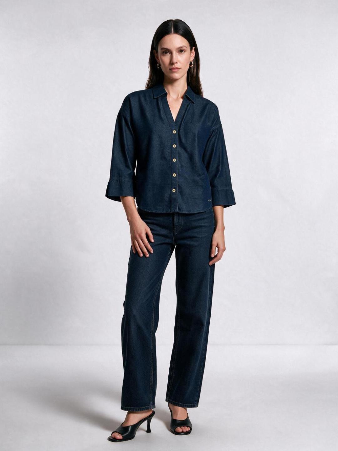 Elle Women Blue Solid Relaxed Fit Denim Top