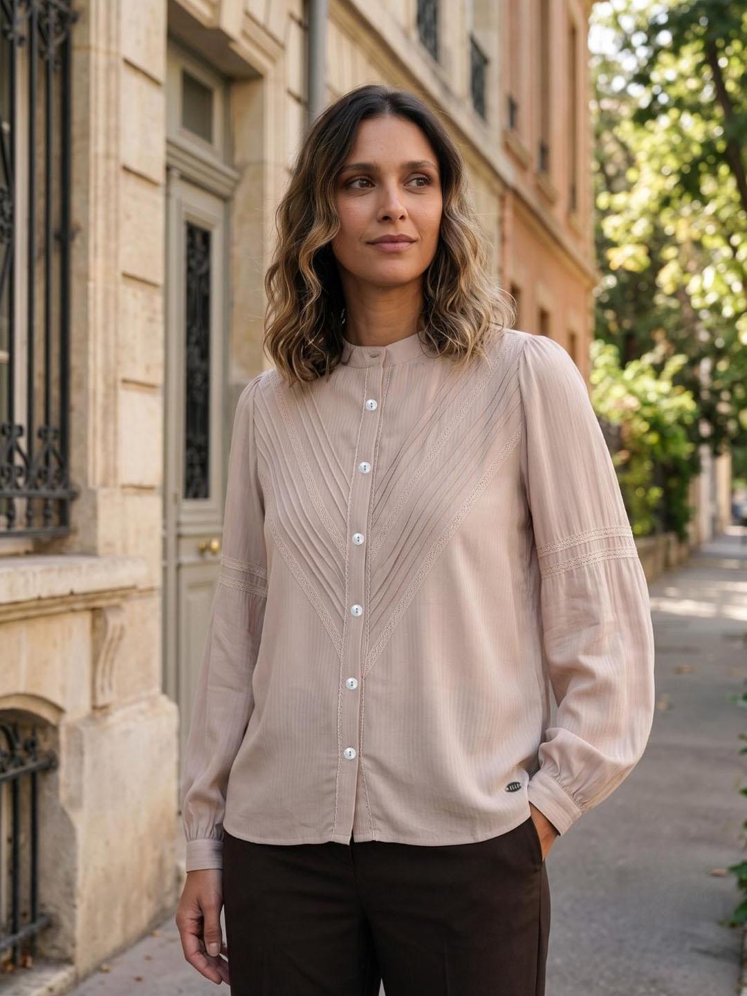 Elle Women Beige Solid Straight Fit Button Down Top