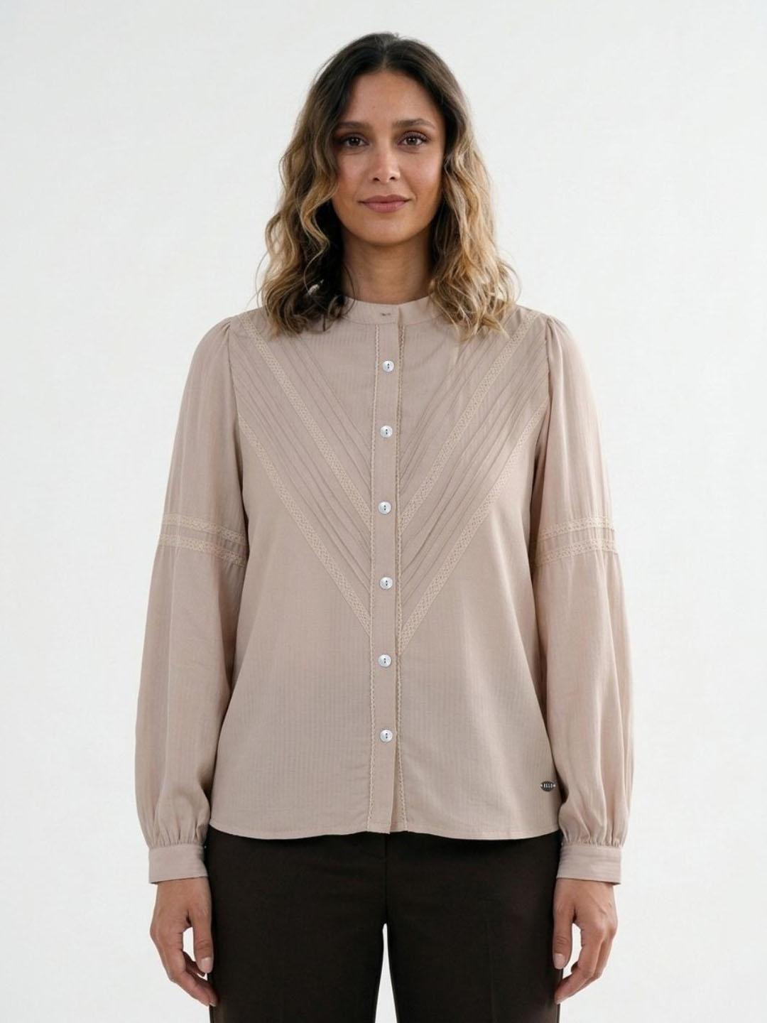 Elle Women Beige Solid Straight Fit Button Down Top