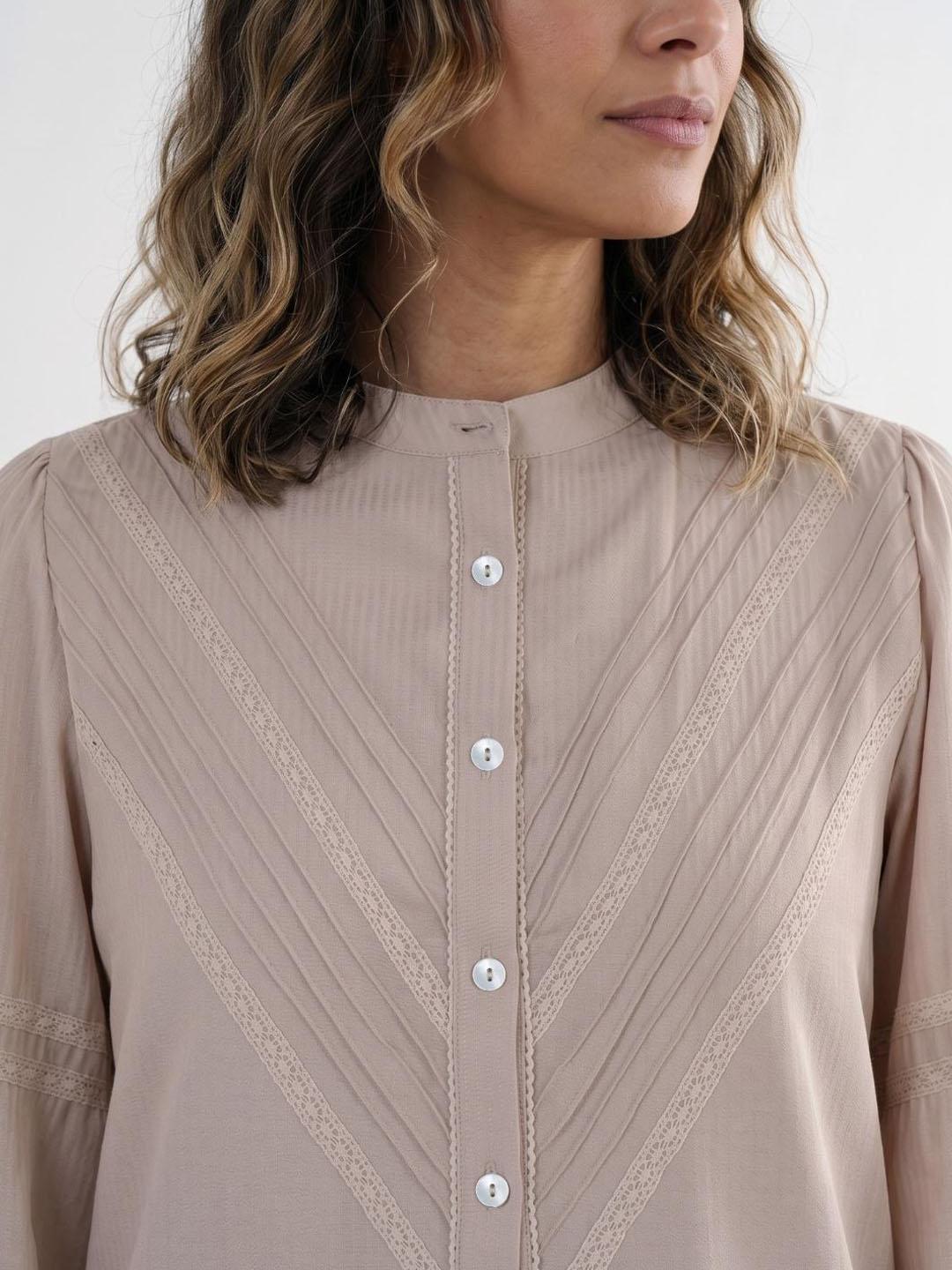 Elle Women Beige Solid Straight Fit Button Down Top