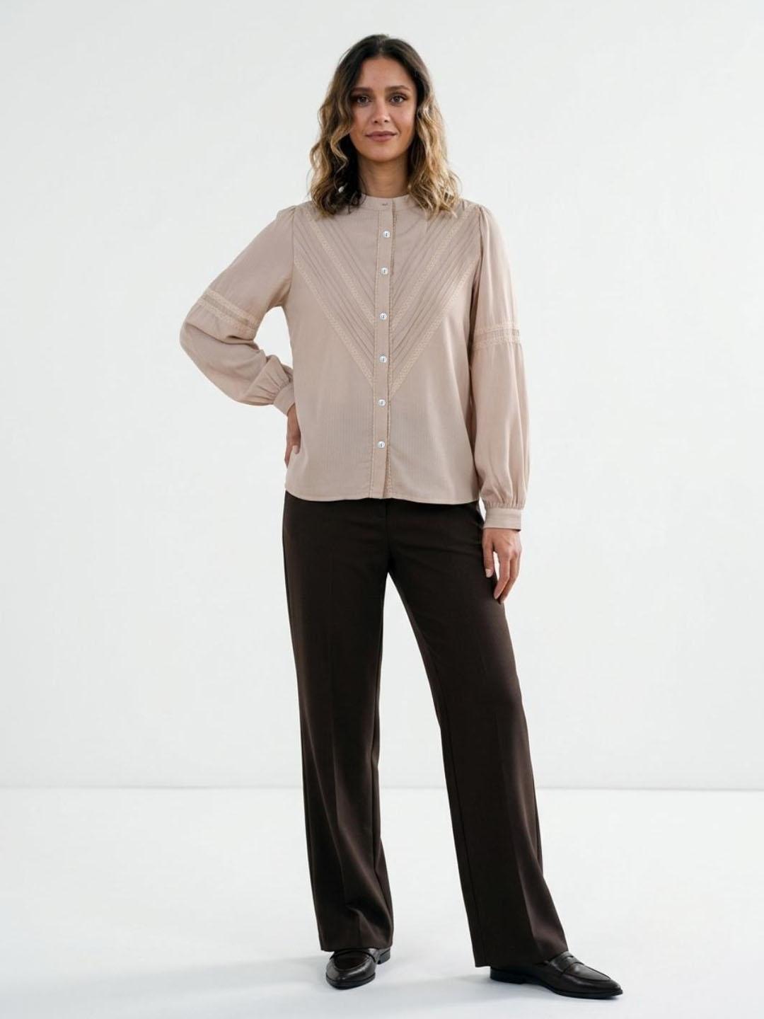 Elle Women Beige Solid Straight Fit Button Down Top