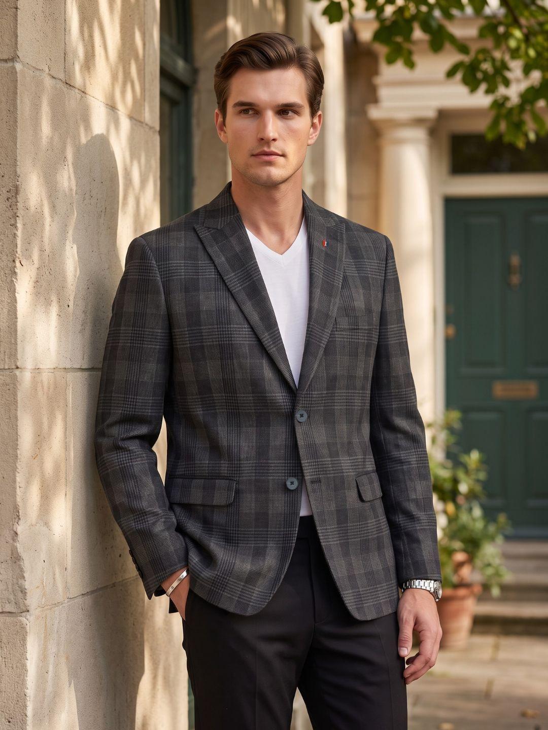 Iconic Men Charcoal Black Regular Fit Checked Blazer
