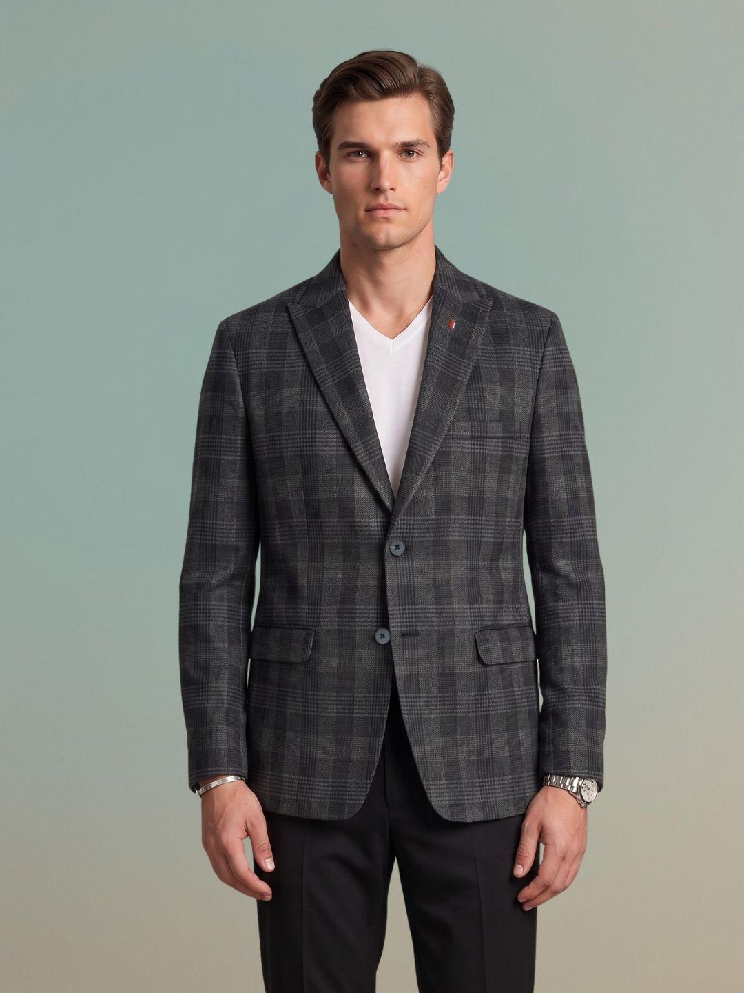 Iconic Men Charcoal Black Regular Fit Checked Blazer
