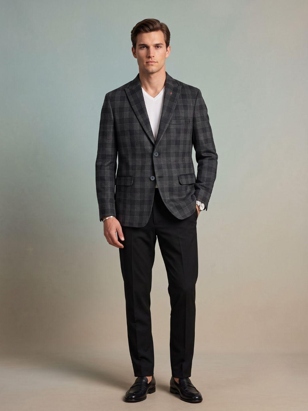 Iconic Men Charcoal Black Regular Fit Checked Blazer