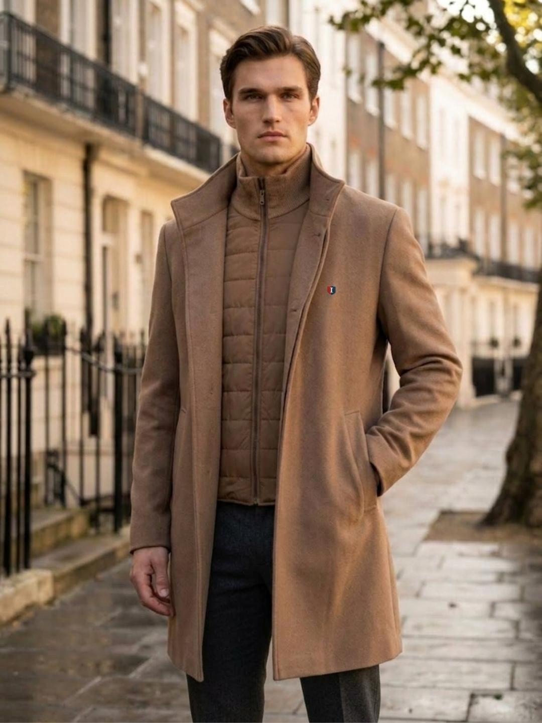 Iconic Men Brown Regular Fit Solid Overcoat