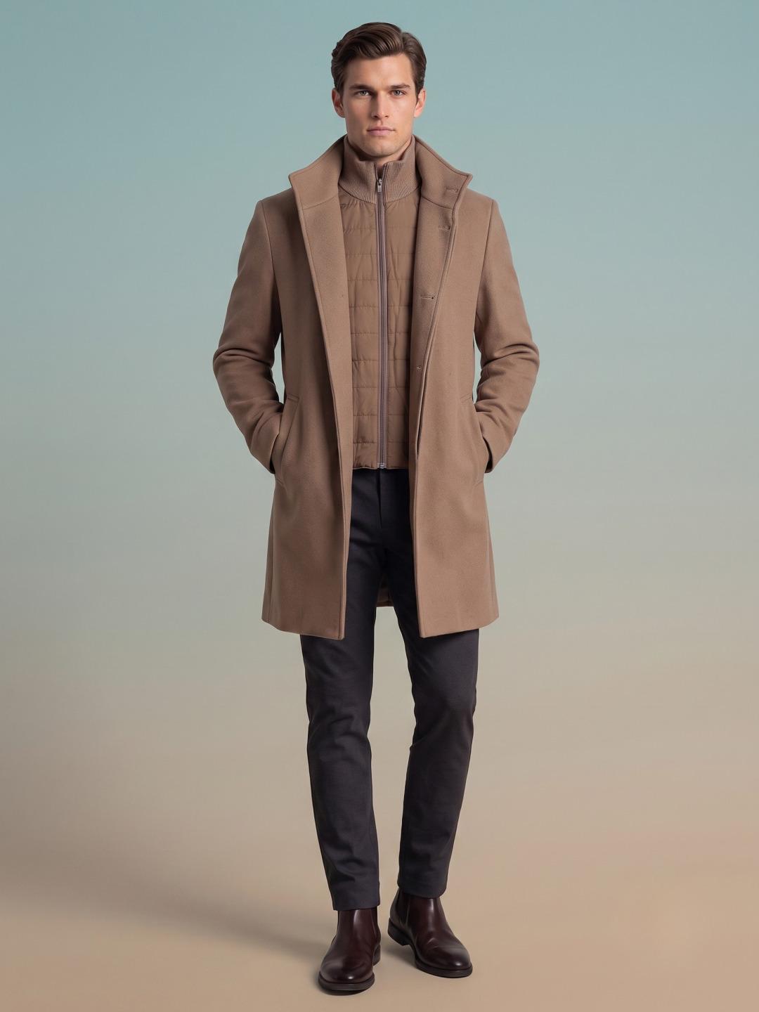 Iconic Men Brown Regular Fit Solid Overcoat