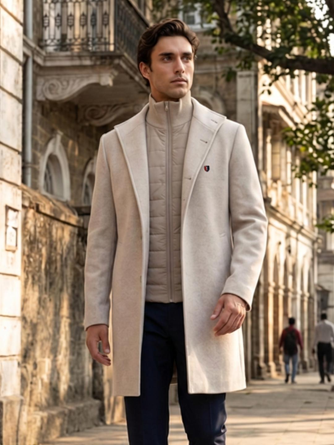 Iconic Men Beige Regular Fit Solid Overcoat