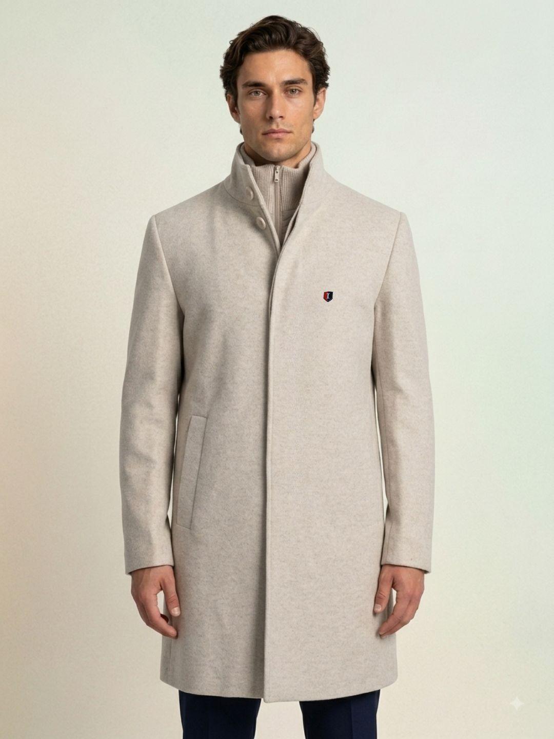 Iconic Men Beige Regular Fit Solid Overcoat