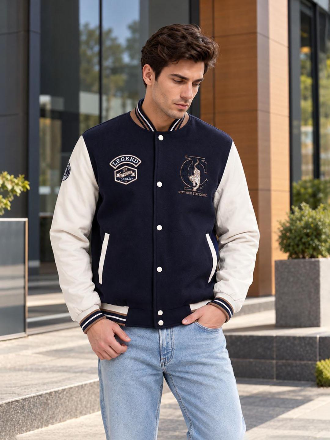 Iconic Men Blue Graphic Regular Fit Varsity Jacket