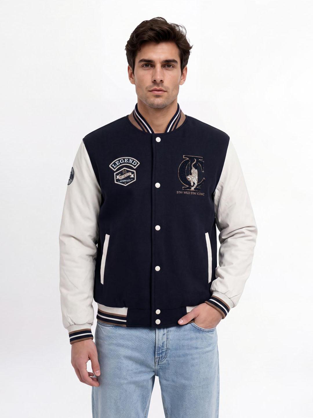 Iconic Men Blue Graphic Regular Fit Varsity Jacket