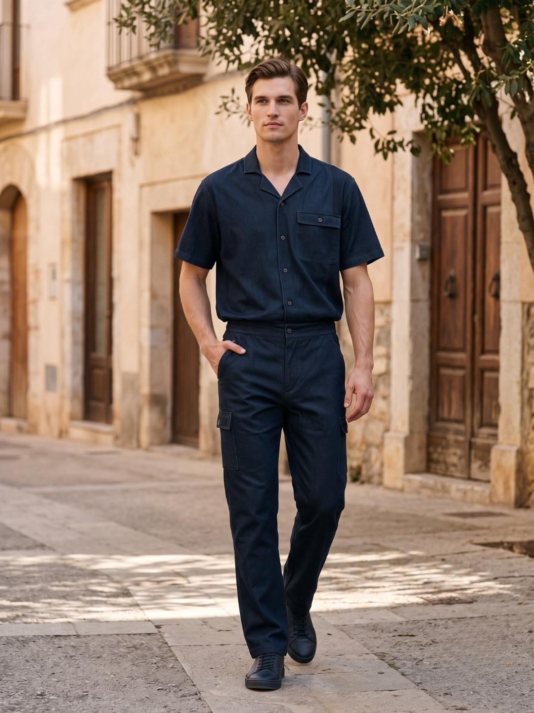 Iconic Men Dark Navy Solid Cotton Straight Fit Trouser