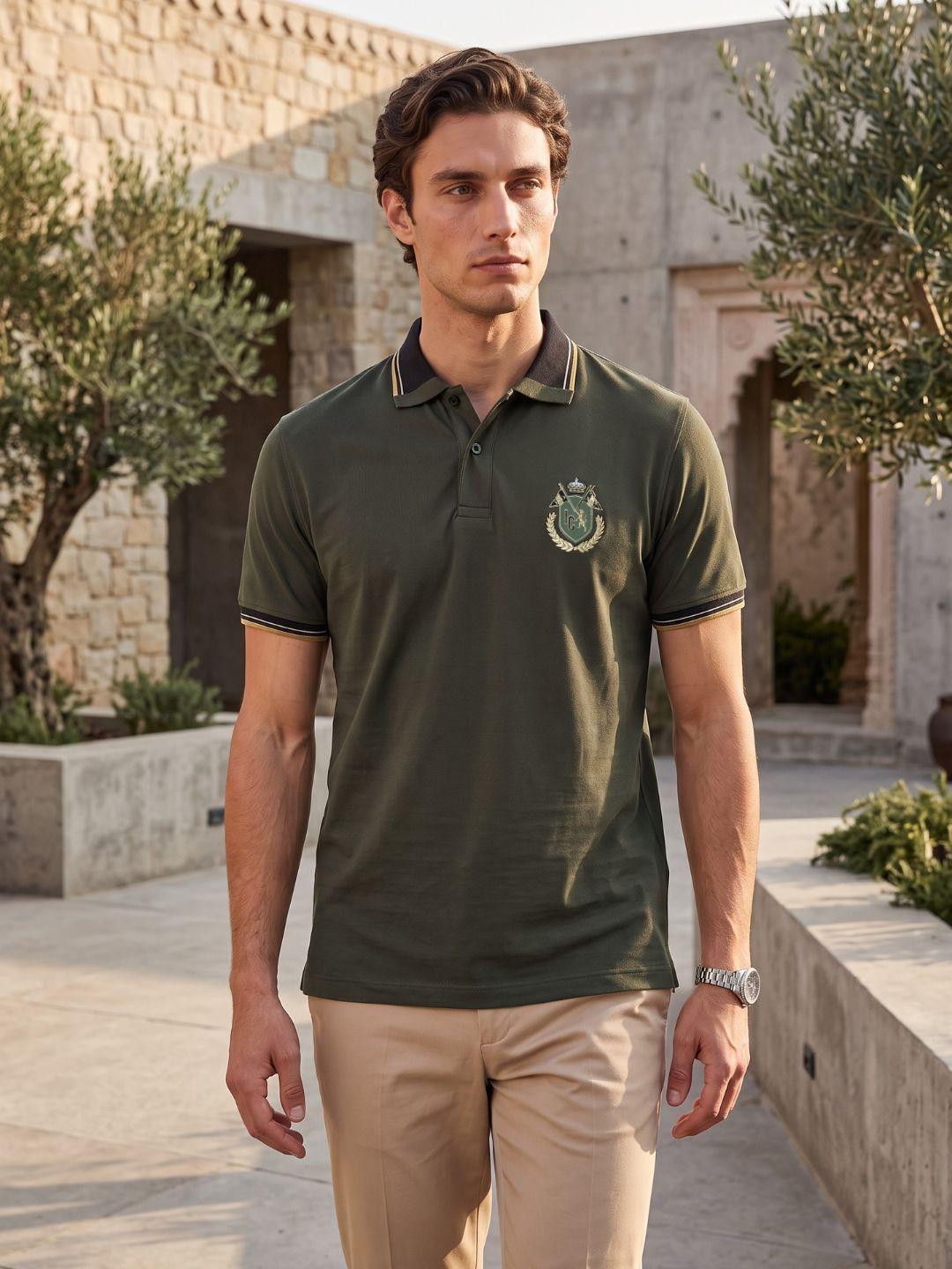 Iconic Men Green Regular Fit Solid Cotton Polo T-Shirt