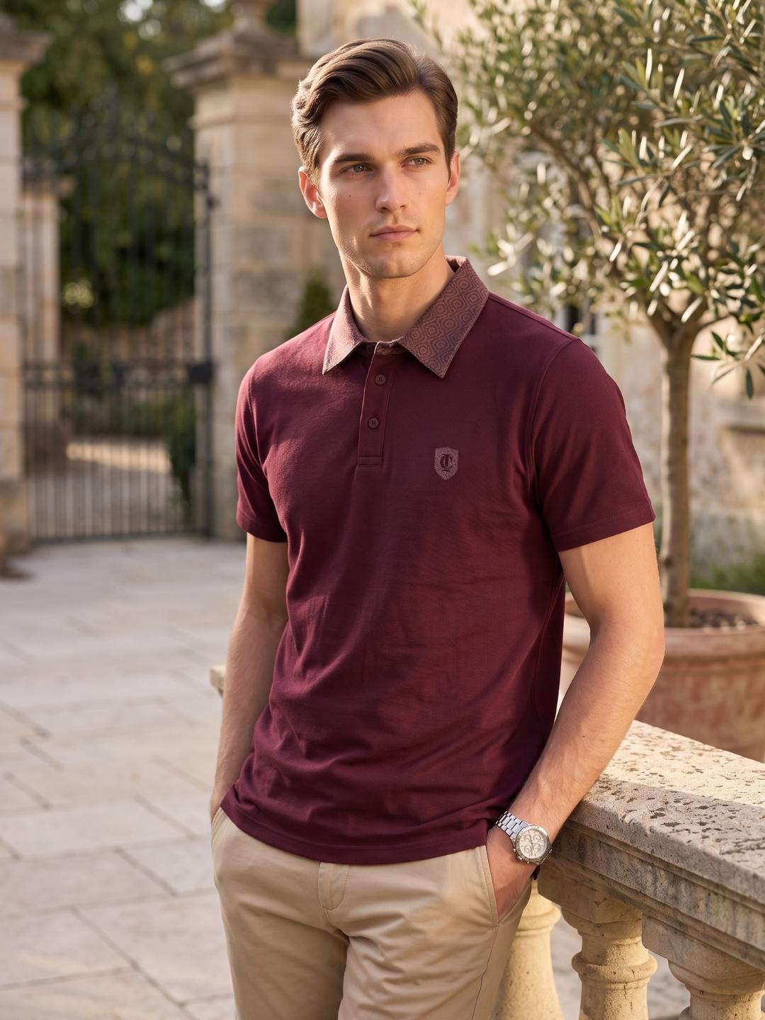 Iconic Men Wine Solid Regular Fit Polo T-Shirt