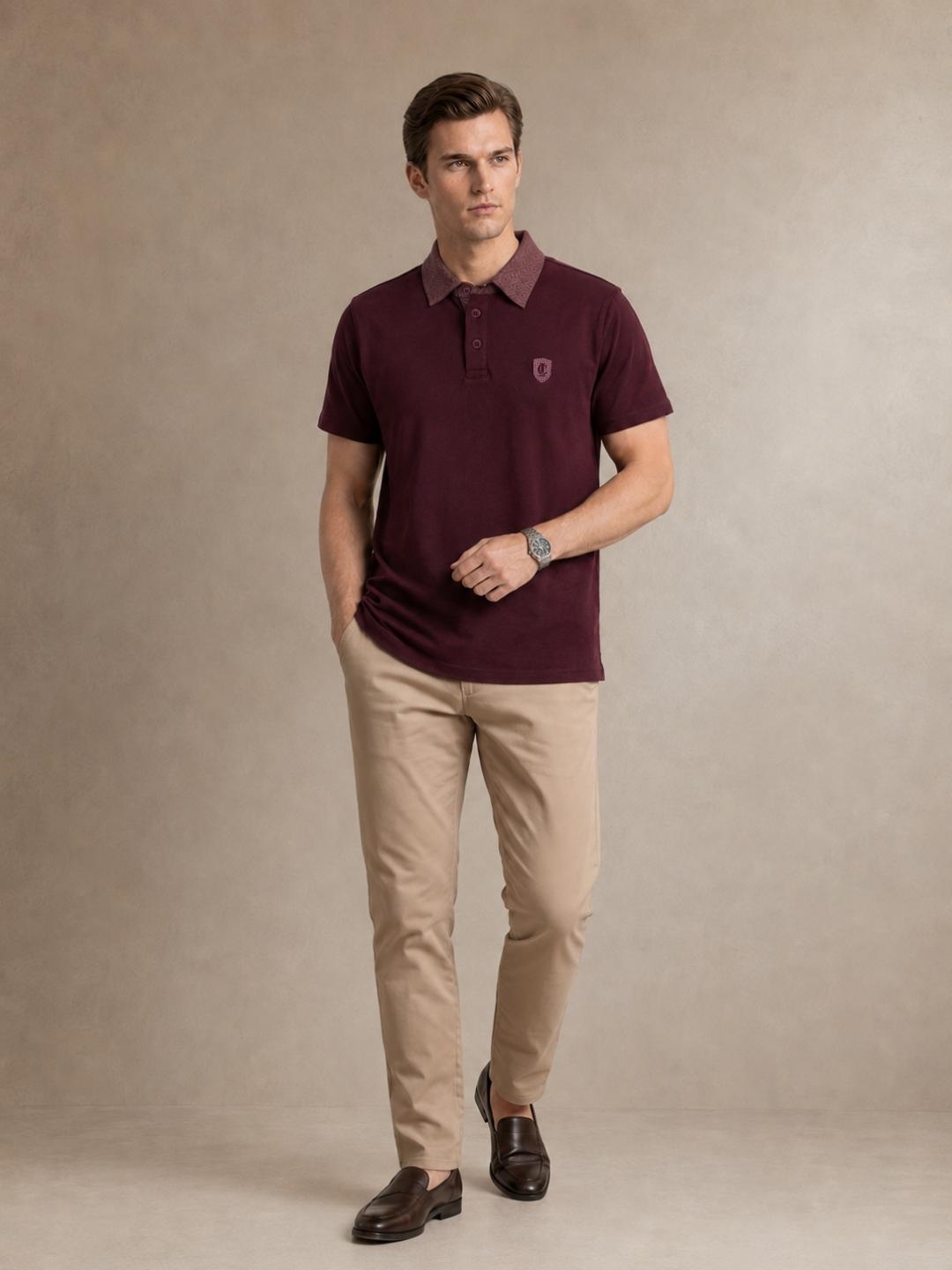Iconic Men Wine Solid Regular Fit Polo T-Shirt