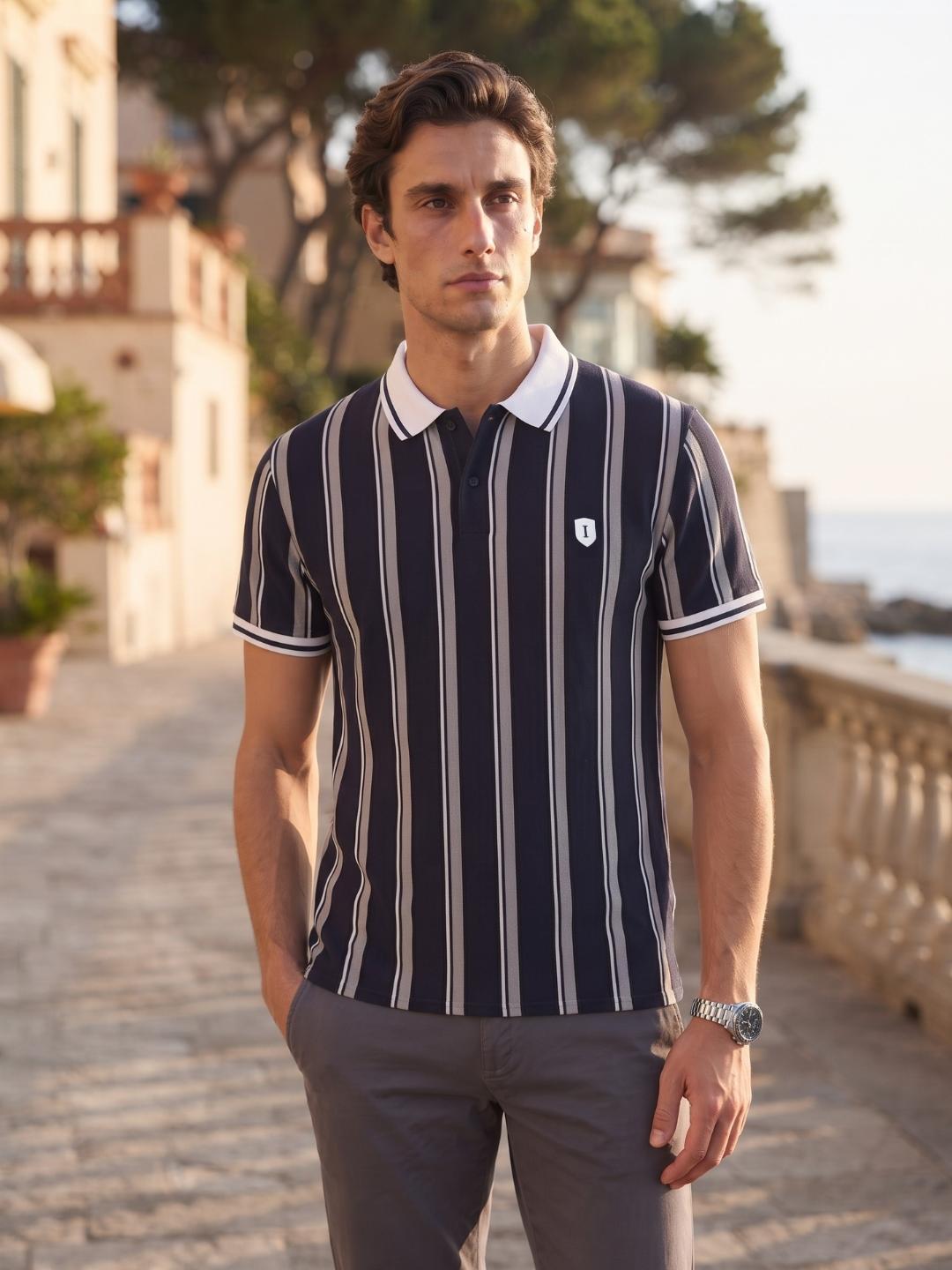 Iconic Men Navy Blue Striped Regular Fit Polo T-Shirt
