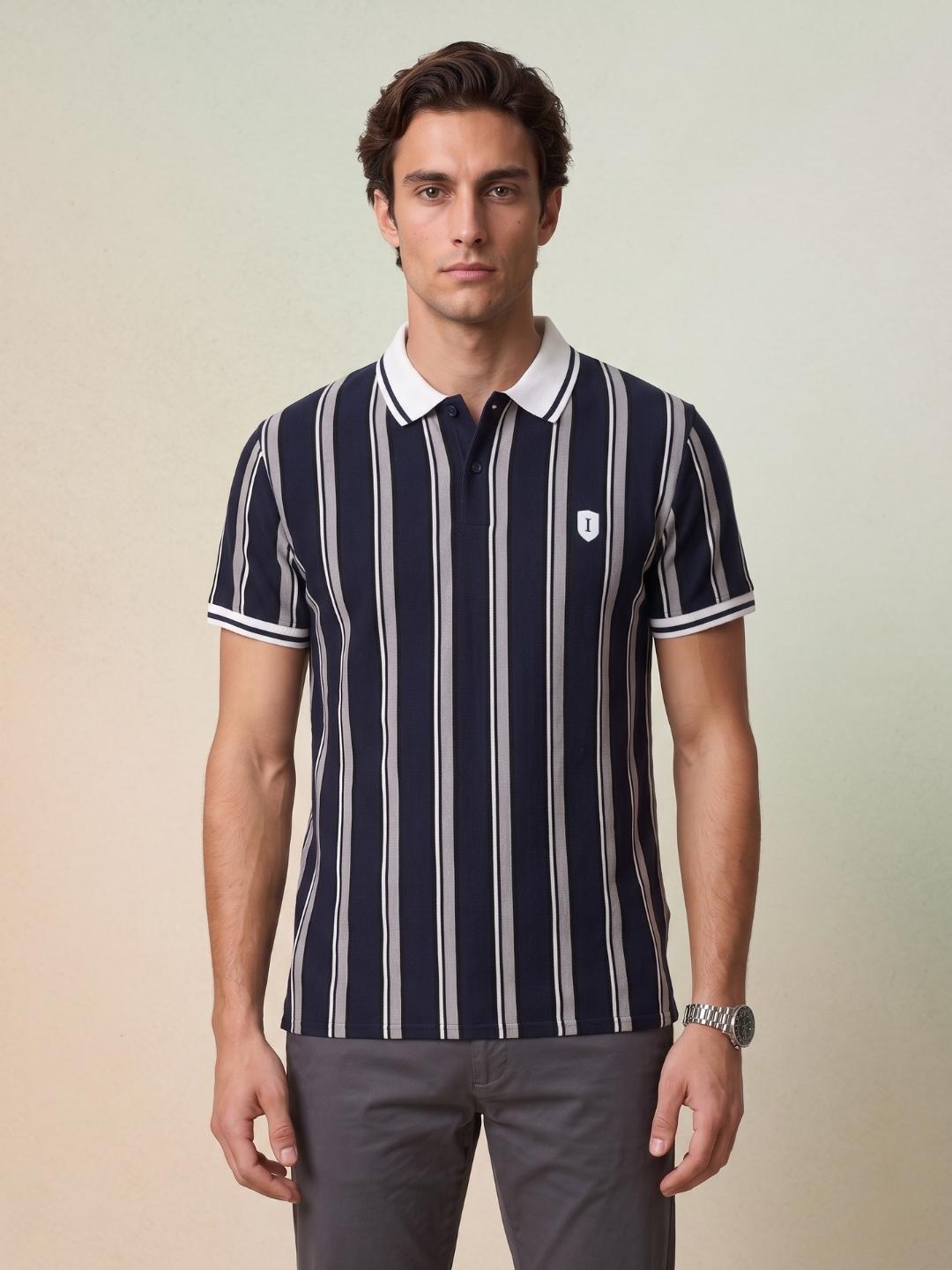 Iconic Men Navy Blue Striped Regular Fit Polo T-Shirt