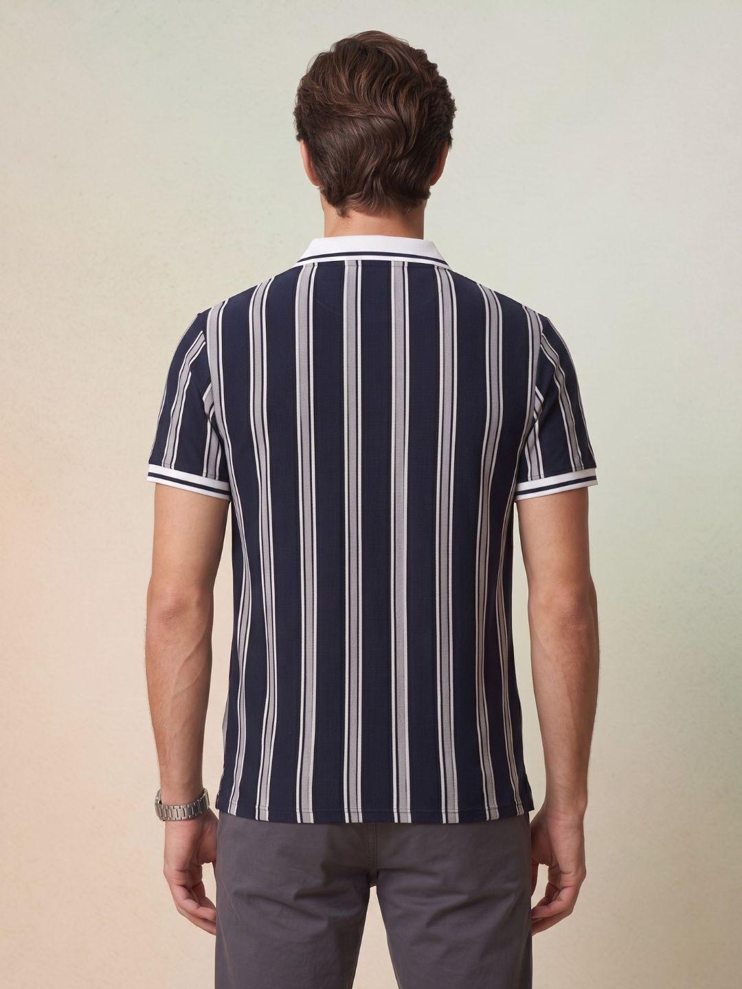 Iconic Men Navy Blue Striped Regular Fit Polo T-Shirt