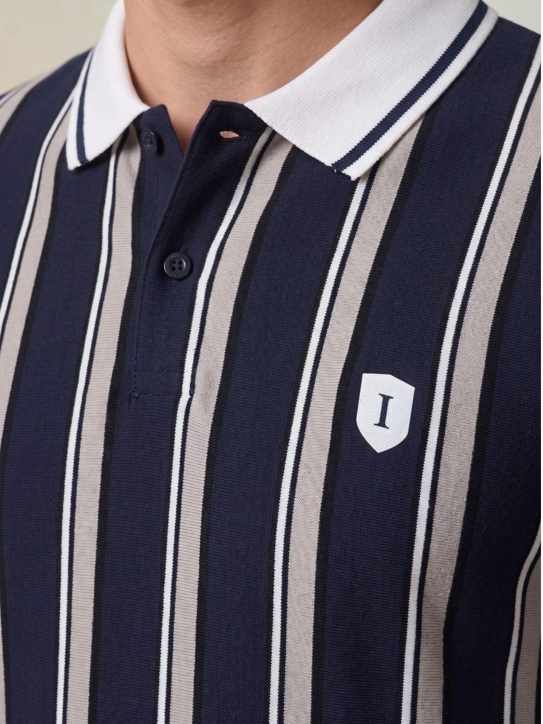 Iconic Men Navy Blue Striped Regular Fit Polo T-Shirt