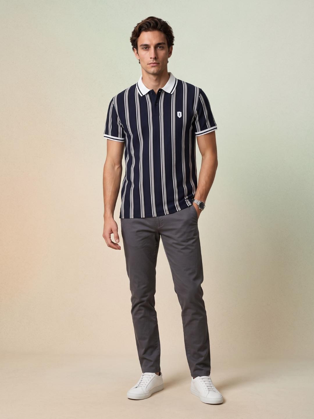 Iconic Men Navy Blue Striped Regular Fit Polo T-Shirt