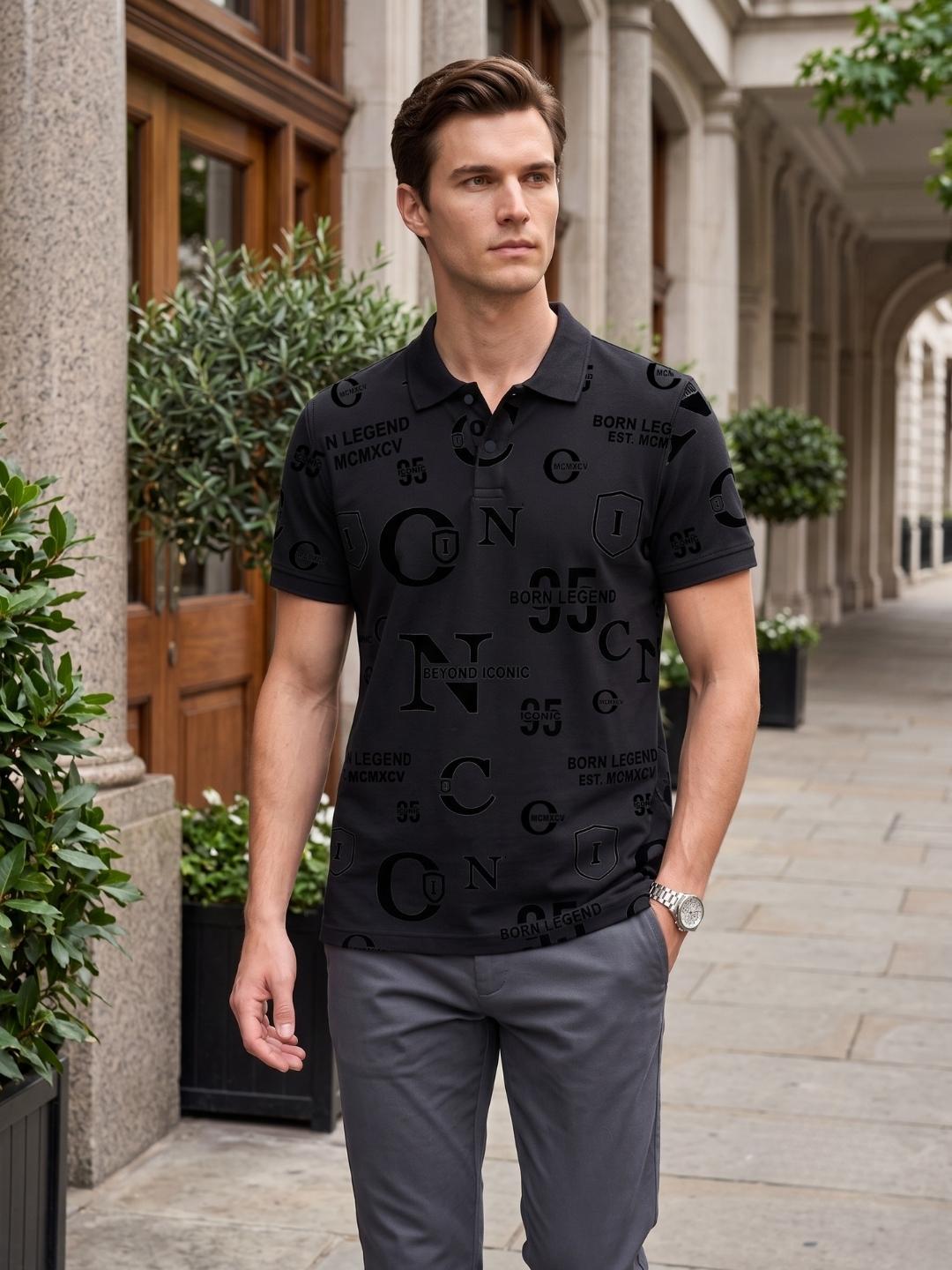Iconic Men Black Printed Regular Fit Cotton Polo T-Shirt