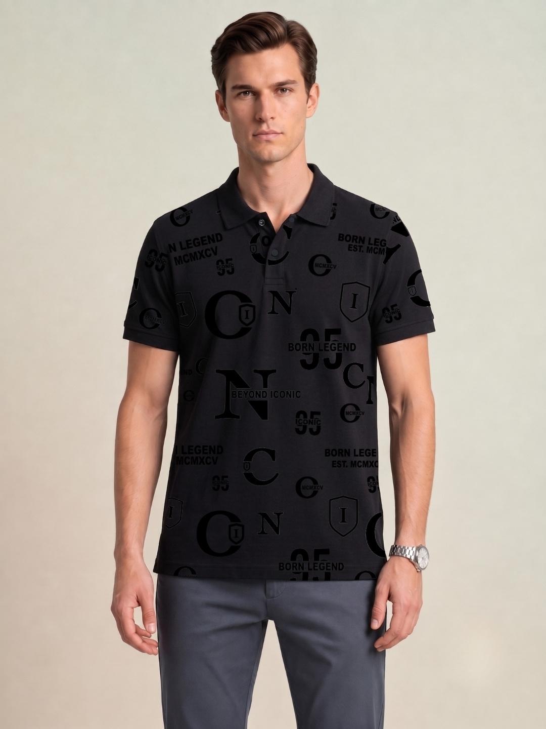 Iconic Men Black Printed Regular Fit Cotton Polo T-Shirt