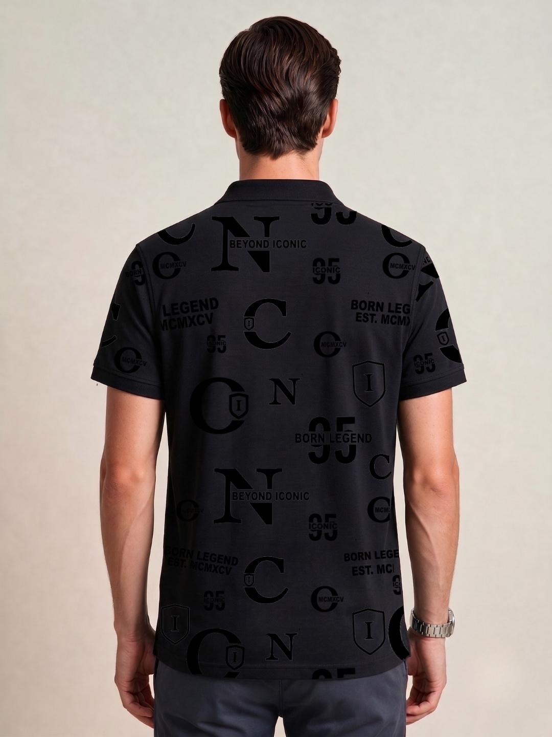 Iconic Men Black Printed Regular Fit Cotton Polo T-Shirt