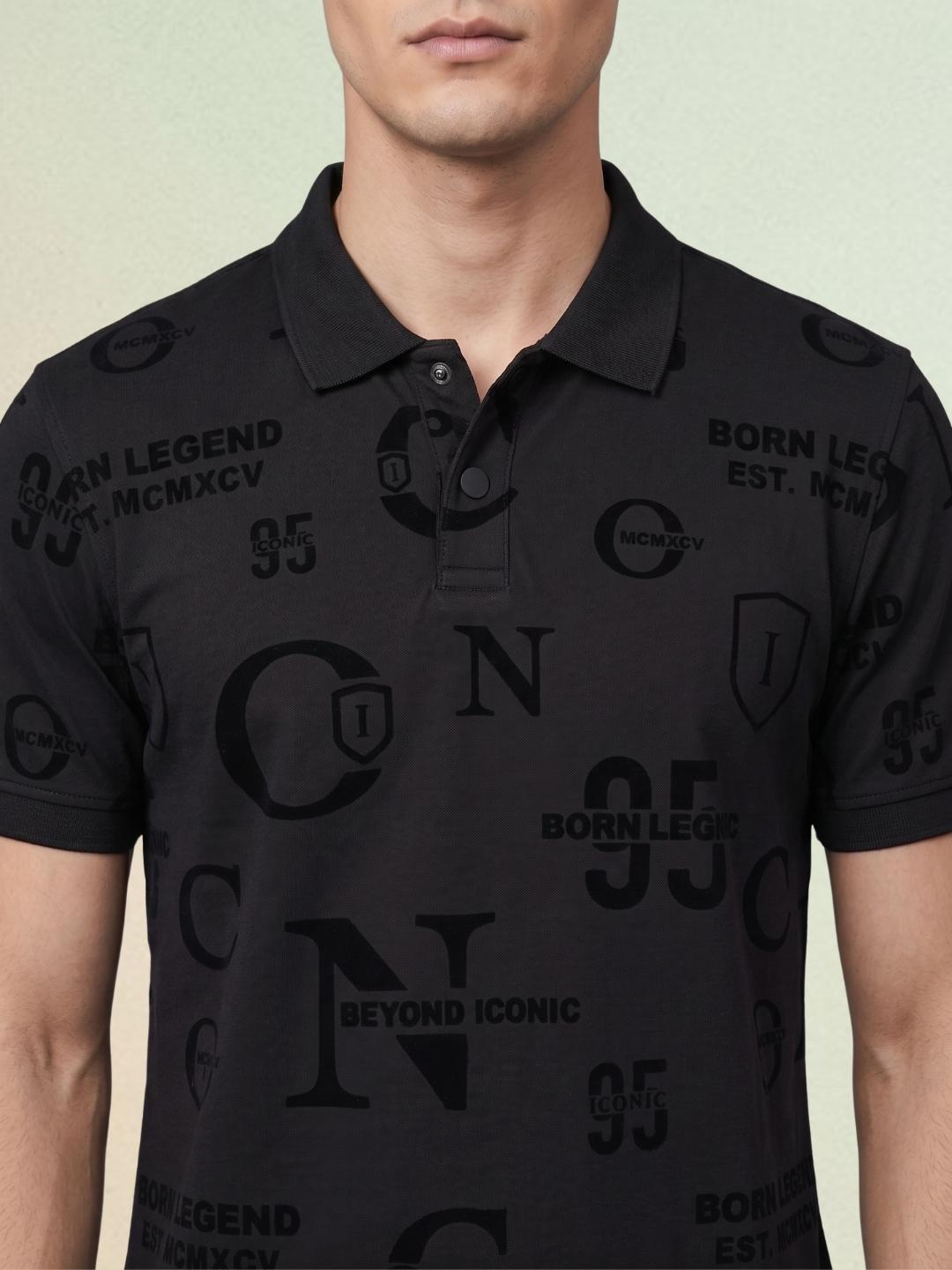 Iconic Men Black Printed Regular Fit Cotton Polo T-Shirt