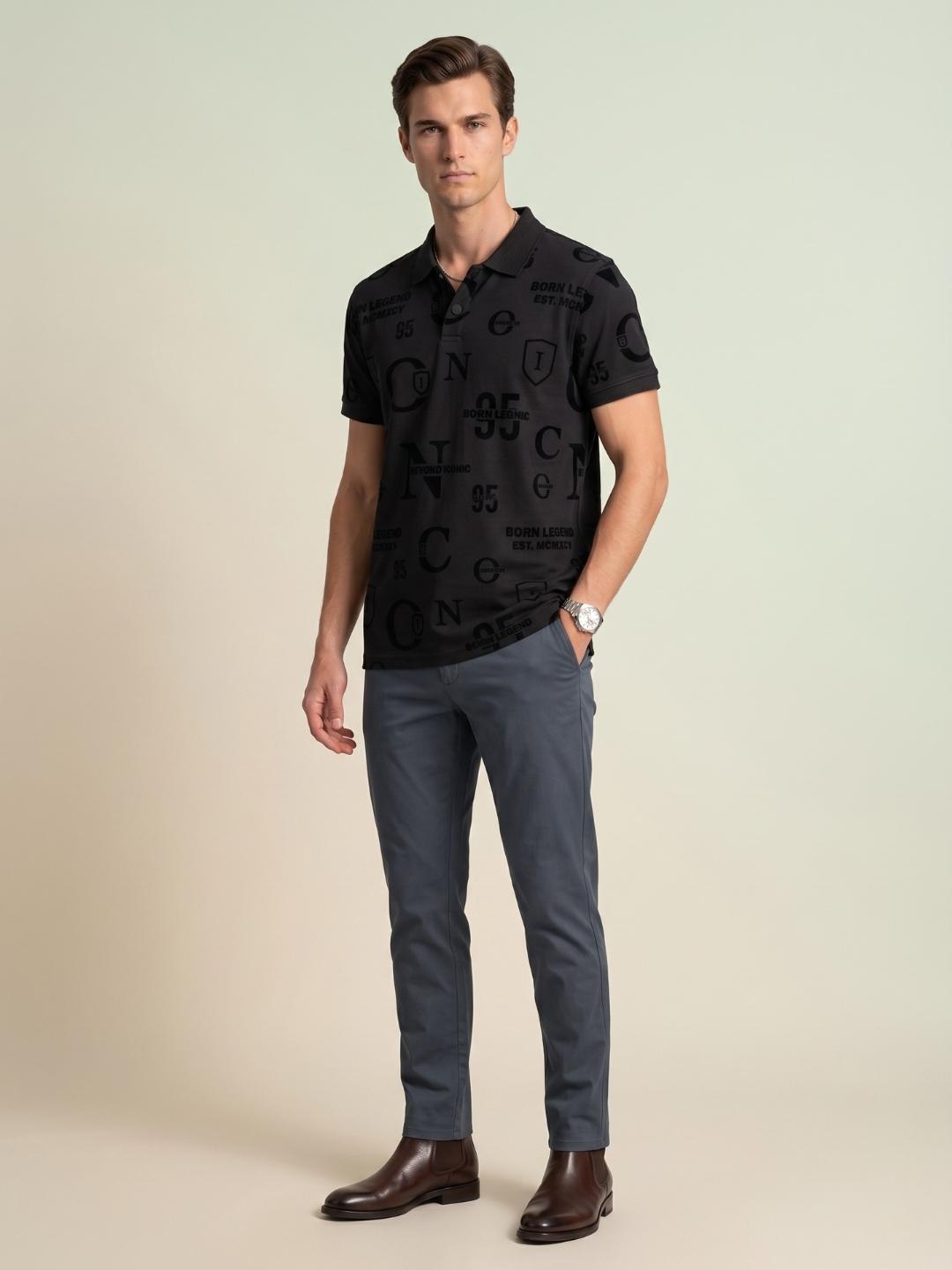 Iconic Men Black Printed Regular Fit Cotton Polo T-Shirt