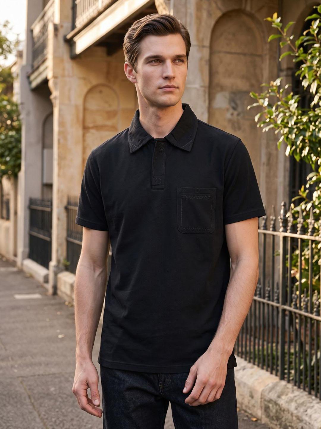 Iconic Men Black Solid Regular Fit Polo T-Shirt